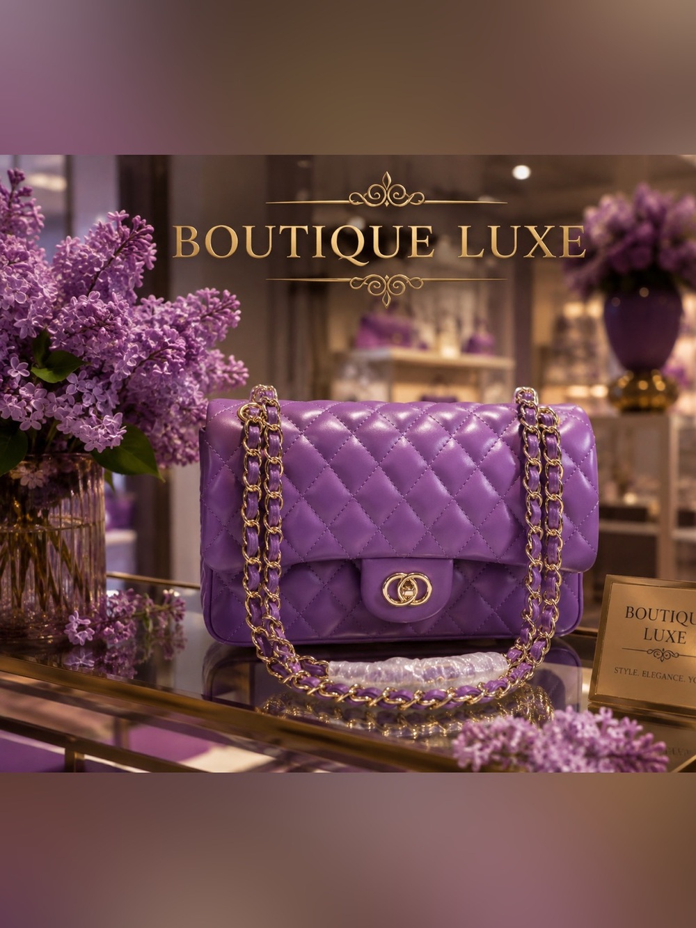 Quilted Lilac Shoulder Bag with Gold Chain